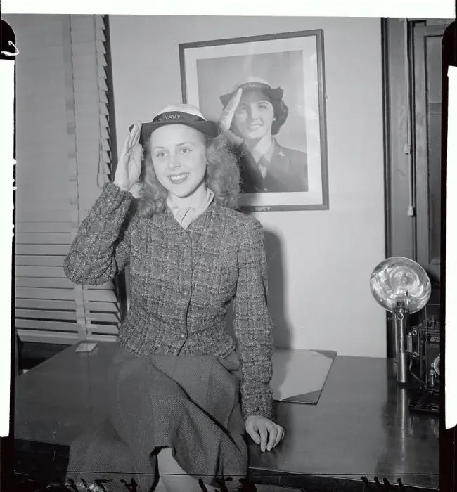 Framed Print : Actress Joan Carter Mortimer Sitting on Desk