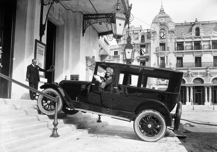 Framed Print : Actress Miss DuPont Driving Automobile Up Hotel Steps Framed Print : Actress Miss DuPont Driving Automobile Up Hotel Steps