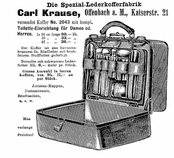 Advertisement of the leather suitcase factory Carl Krause, 1887, Germany, Historic, digitally restored reproduction of an original from the 19th century, exact original date unknown