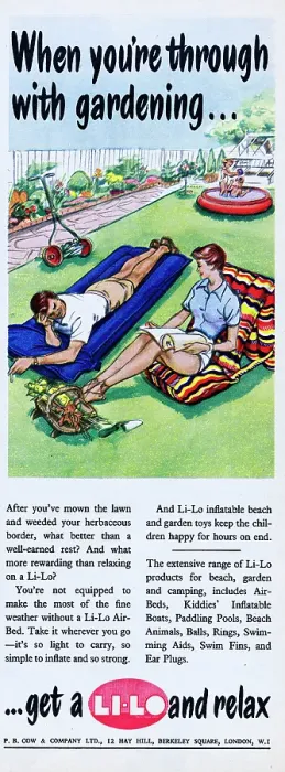Framed Print : Li-Lo. 1956: Advertisement for the Li-Lo inflatable Air-Bed showing a family Framed Print : Li-Lo. 1956: Advertisement for the Li-Lo inflatable Air-Bed showing a family