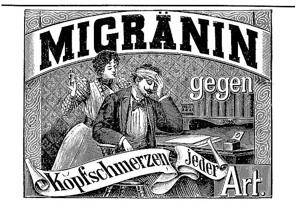 Advertisement for Migranin for headaches and migraines by Farbwerke Hoechst, 1890, Germany, Historic, digitally restored reproduction of an original 19th century artwork, exact original date unknown