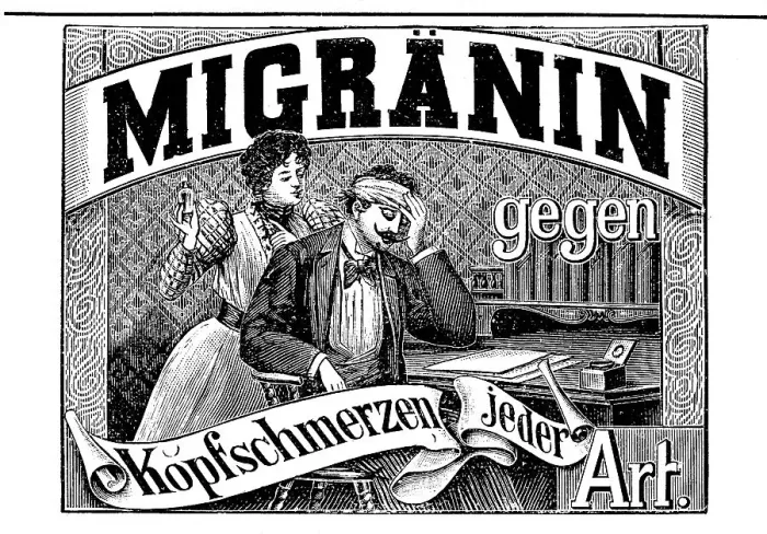 Framed Print : Advertisement for Migranin for headaches and migraines by Farbwerke Hoechst, 1890, Germany, Historic, digitally restored reproduction of an original 19th century artwork, exact original date unknown Framed Print : Advertisement for Migranin for headaches and migraines by Farbwerke Hoechst, 1890, Germany, Historic, digitally restored reproduction of an original 19th century artwork, exact original date unknown