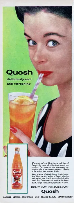 Framed Print : Quosh. 1956: Advertisement for Quosh Orange Squash with the caption Quosh Framed Print : Quosh. 1956: Advertisement for Quosh Orange Squash with the caption Quosh