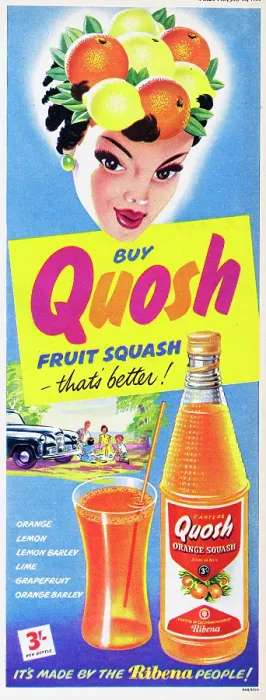Framed Print : Quosh. 1955: Advertisement for Quosh orange squash drink with the caption Buy Quosh Framed Print : Quosh. 1955: Advertisement for Quosh orange squash drink with the caption Buy Quosh
