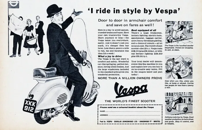 Framed Print : Vespa. 1956: Advertisement for Vespa showing a well-dressed businessman Framed Print : Vespa. 1956: Advertisement for Vespa showing a well-dressed businessman