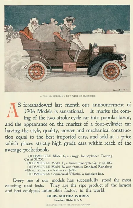 Framed Print : Advertisement of Woman Driving Santa In 1906 Oldsmobile