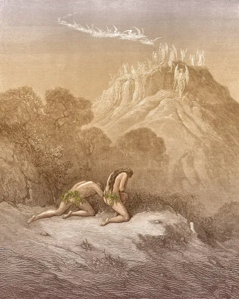 版画 Ake Holm lithograph Utvisning ur paradis Gustave Dore's Paradise Lost Print: Adam and Eve Cast Out. Art
