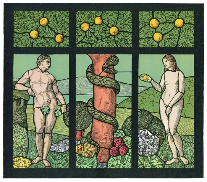 Framed Print : Adam and Eve with snake in paradise Art nouveau illustration Framed Print : Adam and Eve with snake in paradise Art nouveau illustration