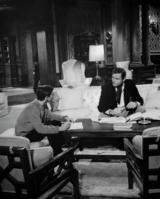 : Adam West and Burt Ward Sitting and Talking in Regular Attire : Adam West and Burt Ward Sitting and Talking in Regular Attire