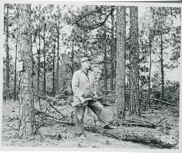 Framed Print : Adlai Stevenson Standing and Holding Rifle in Wooded Area Framed Print : Adlai Stevenson Standing and Holding Rifle in Wooded Area