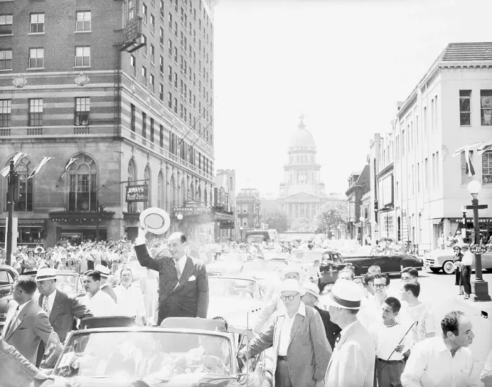 Framed Print : Adlai Stevenson Standing and Waving from Motorcade Framed Print : Adlai Stevenson Standing and Waving from Motorcade