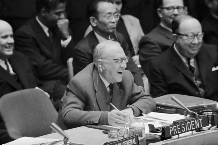 Framed Print : Adlai Stevenson in Front of United States Plaque Framed Print : Adlai Stevenson in Front of United States Plaque