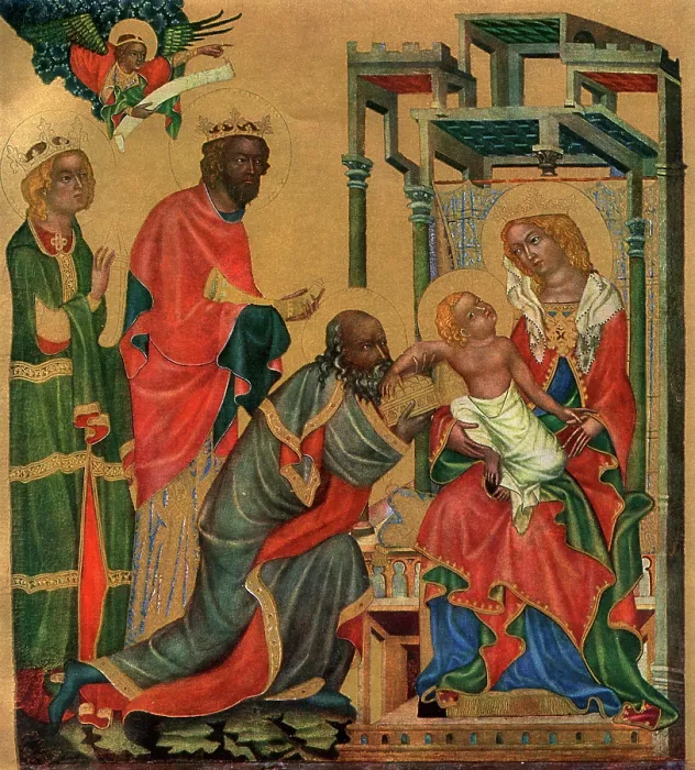 Framed Print : The Adoration of the Magi, c1350 (1955).Artist: Master of the Vyssi Brod Altar Framed Print : The Adoration of the Magi, c1350 (1955).Artist: Master of the Vyssi Brod Altar