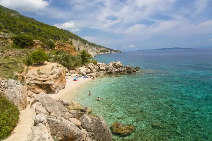Framed Print : adriatic, attendant, bath, bathe, bay, beach, beaches, blue, bluish, coast, coasts