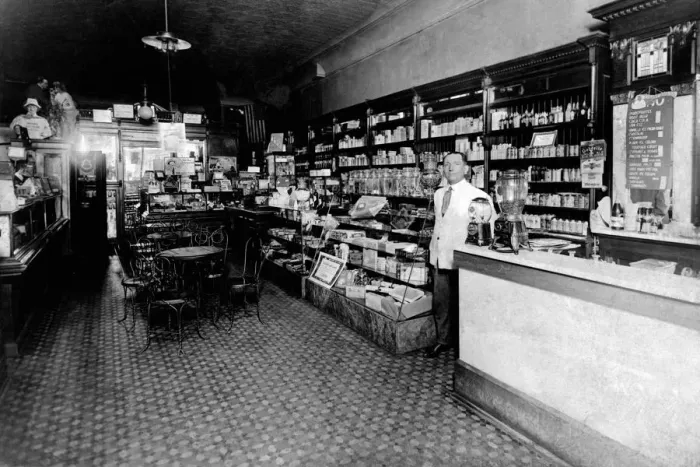 Framed Print : adult, antique, black & white, caucasian, country store, drug store, full-length Framed Print : adult, antique, black & white, caucasian, country store, drug store, full-length