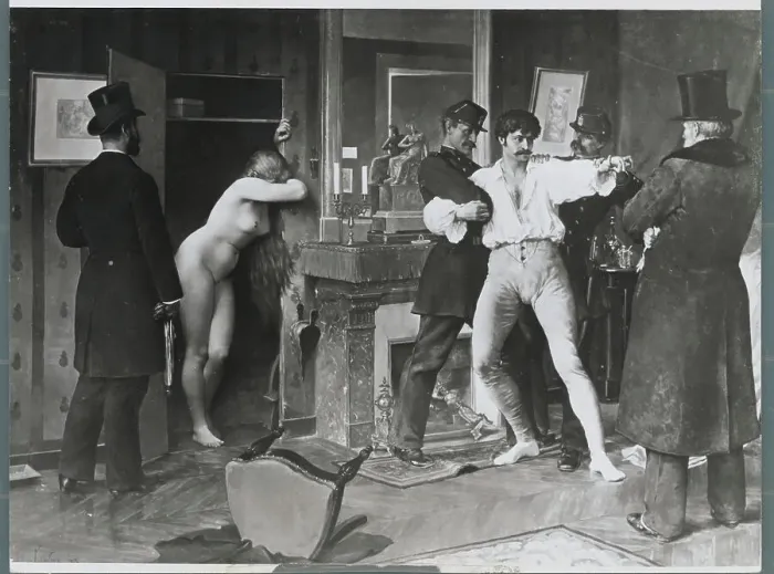 Framed Print : Adulterer Being Held Back by Police Framed Print : Adulterer Being Held Back by Police