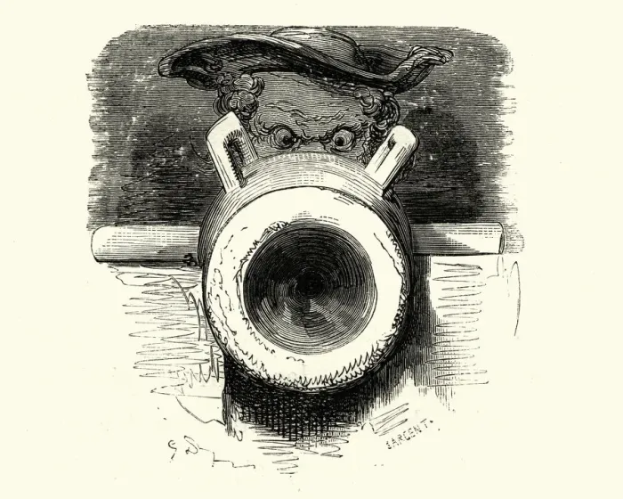 Framed Print : Adventures of Baron Munchausen, Looking down the cannon barrel