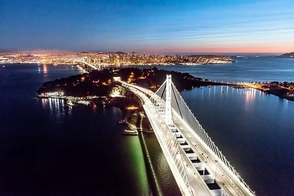 Aerial of Bay bridge and San Francisco, USA