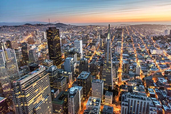 Aerial of downtown district at dusk, San Francisco