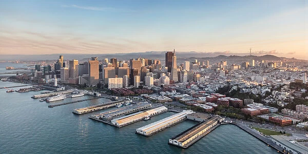 Aerial of downtown and piers, San Francisco, USA