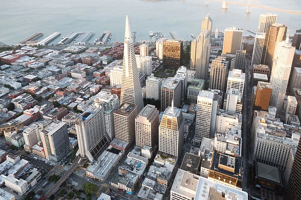 Aerial of downtown at sunset, San Francisco, USA