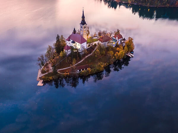 Aerial drone view of Bled island at sunset, Slovenia