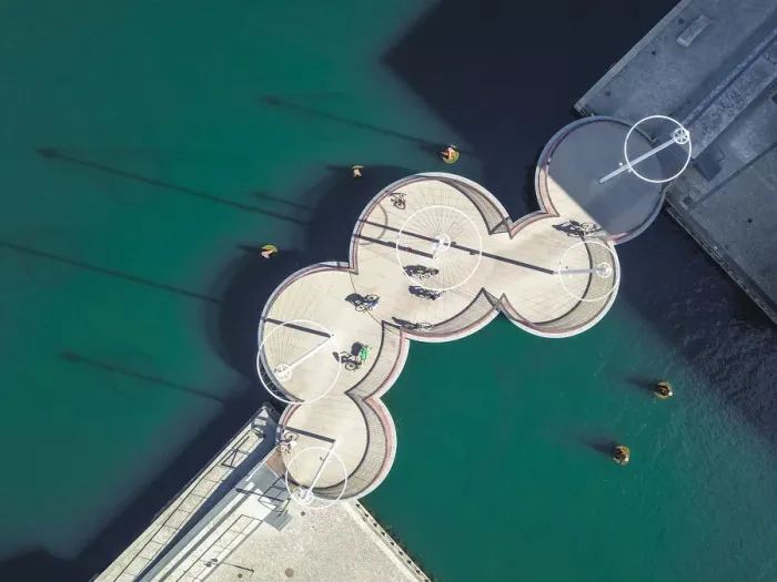 Framed Print : Aerial drone view of The Circle Bridge (Cirkelbroen) on the Inner Harbor of Copenhagen, Denmark Framed Print : Aerial drone view of The Circle Bridge (Cirkelbroen) on the Inner Harbor of Copenhagen, Denmark
