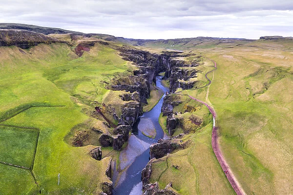 Aerial drone view of Fjadrargljufur canyon, Iceland