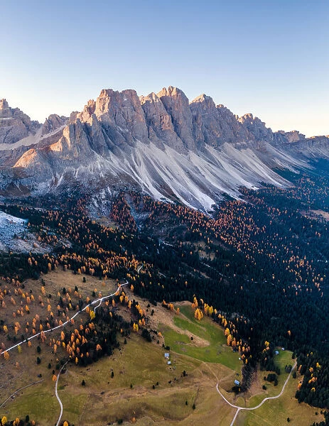 Aerial drone view of Odle peaks, Dolomites, Italy
