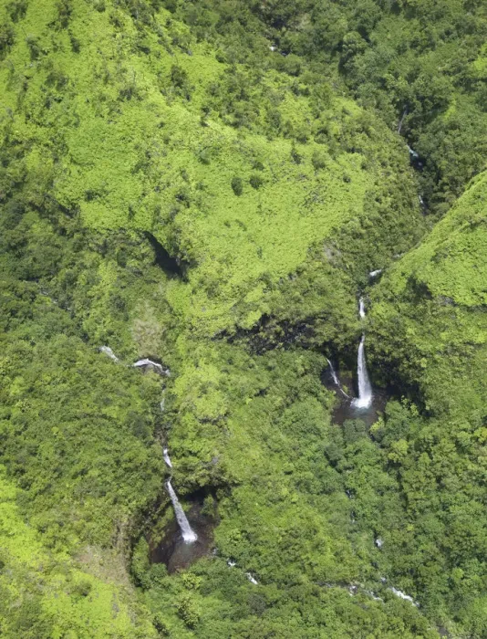 Framed Print : Aerial of forested mountains and waterfalls, Kauai, Hawaii, USA