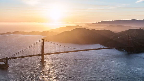 Aerial of Golden gate at sunset, San Francisco