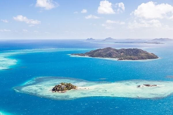 Aerial of island with tourist resort, Fiji