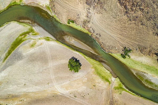 Aerial landscape view of river in Gobi desert, Mongolia