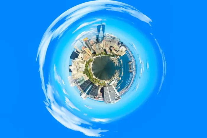 Framed Print : Aerial Manhattan as a tiny little planet, USA Framed Print : Aerial Manhattan as a tiny little planet, USA