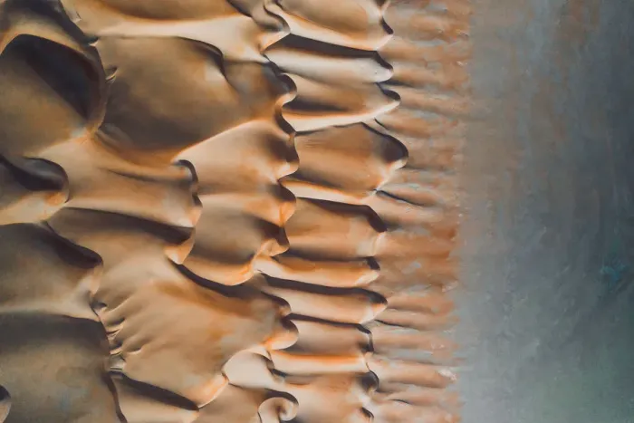 Framed Print : Aerial perspective of patterns in the sand dunes, United Arab Emirates Framed Print : Aerial perspective of patterns in the sand dunes, United Arab Emirates
