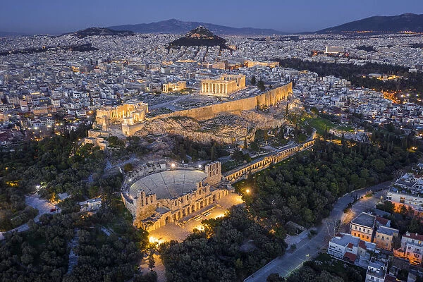 Aerial photo of the Acropolis and the theater of Herodes Atticus in Athens, Greece