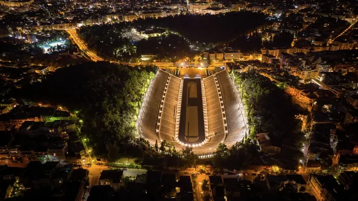 Framed Print : Aerial photo of the Panathinaic stadium in Athens, Greece at night Framed Print : Aerial photo of the Panathinaic stadium in Athens, Greece at night