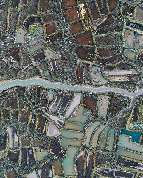 Aerial shot above oyster farms, La Tremblade, France