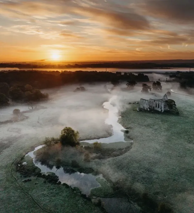 Framed Print : An aerial sunrise view Newark Abbey ruins, Surrey Framed Print : An aerial sunrise view Newark Abbey ruins, Surrey