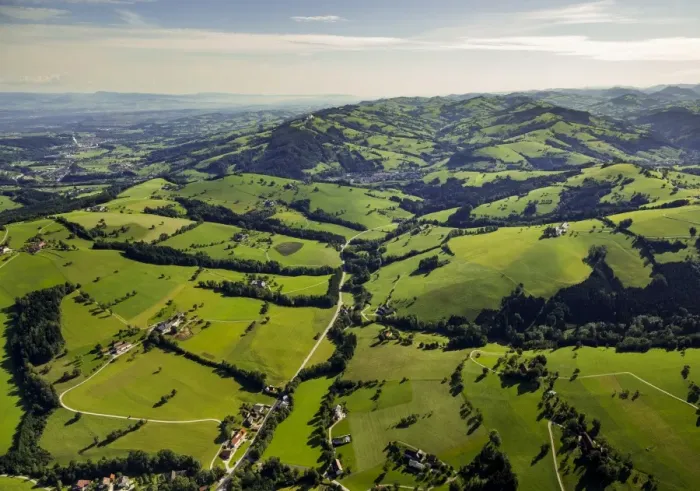 Framed Print : Aerial view, Alpine foothills with meadows, Waidhofen an der Ybbs, Lower Austria, Austria