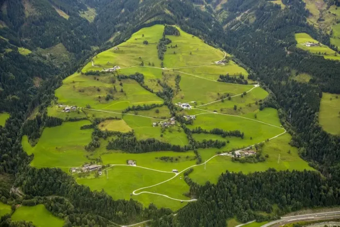 Framed Print : Aerial view, alpine meadows with serpentine roads, Hof, Salzburg, Austria Framed Print : Aerial view, alpine meadows with serpentine roads, Hof, Salzburg, Austria