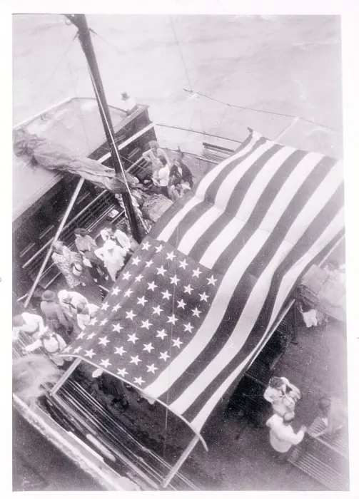 Framed Print : Aerial View of an American Flag Sprawled out on Steamer Framed Print : Aerial View of an American Flag Sprawled out on Steamer