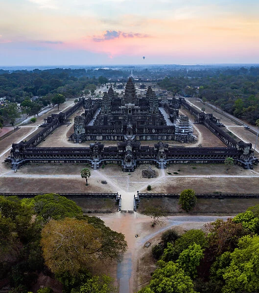 Aerial view of Angkor Wat temple at sunset, Cambodia