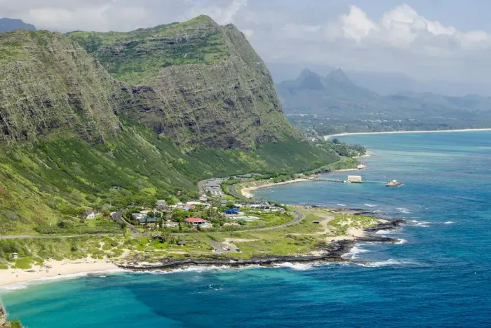Framed Print : Aerial view of beach at Waimanalo Bay, Windward Coast, Oahu, Hawaii, USA