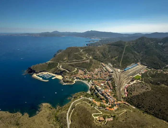 Framed Print : Aerial view, border town, Mediterranean coast, bay, harbour, Portbou, Costa Brava, Catalonia, Spain Framed Print : Aerial view, border town, Mediterranean coast, bay, harbour, Portbou, Costa Brava, Catalonia, Spain