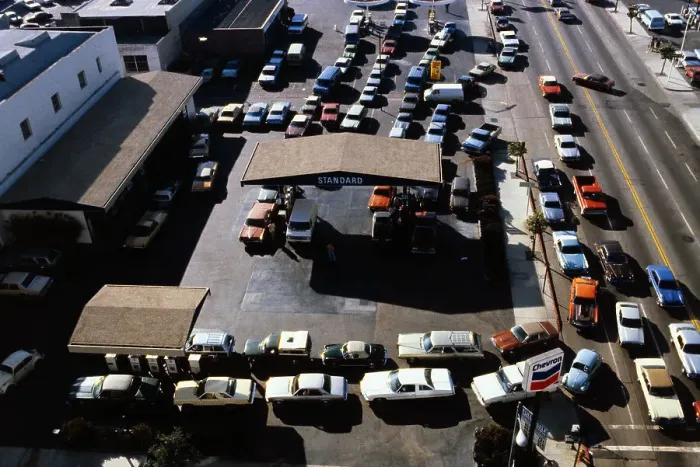 Framed Print : Aerial View of Cars Lining Up for Rationed Gas Framed Print : Aerial View of Cars Lining Up for Rationed Gas