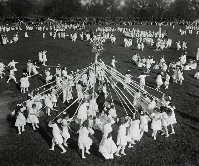 Framed Print : Aerial View of Children with Maypole Framed Print : Aerial View of Children with Maypole