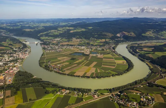Framed Print : Aerial view, Danube bend, Ybbs an der Donau, Lower Austria, Austria Framed Print : Aerial view, Danube bend, Ybbs an der Donau, Lower Austria, Austria