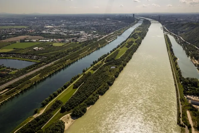 Framed Print : Aerial view, Danube island, Danube and relief canal, intake structure, Langenzersdorf, Lower Austria, Austria Framed Print : Aerial view, Danube island, Danube and relief canal, intake structure, Langenzersdorf, Lower Austria, Austria