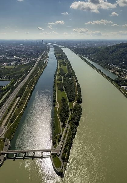 Aerial view, Danube island, Danube and relief canal, intake structure, Langenzersdorf, Lower Austria, Austria
